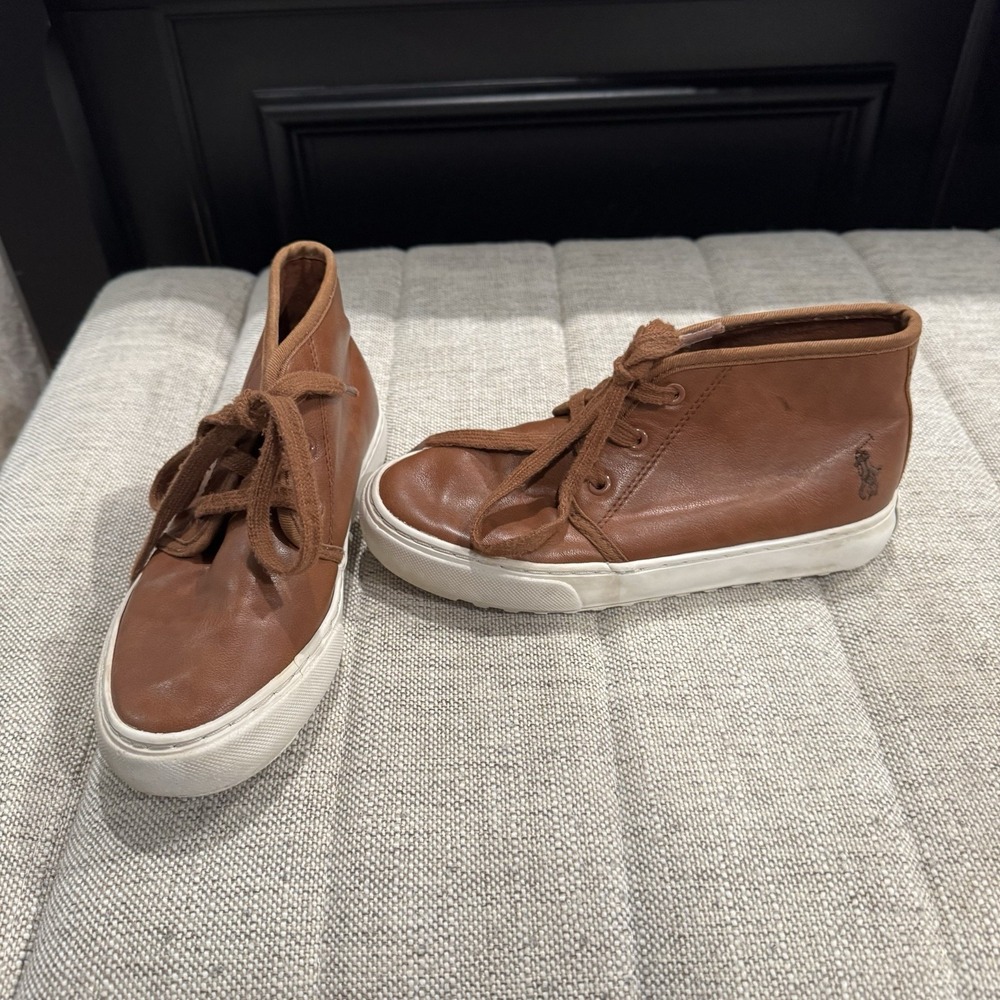 Polo Ralph Lauren Boys Youth Leather Hi Top Shoes/Boots Size 1 Brown Lace